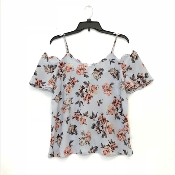 Monteau Tops - Monteau Blue Floral Cold Shoulder Top